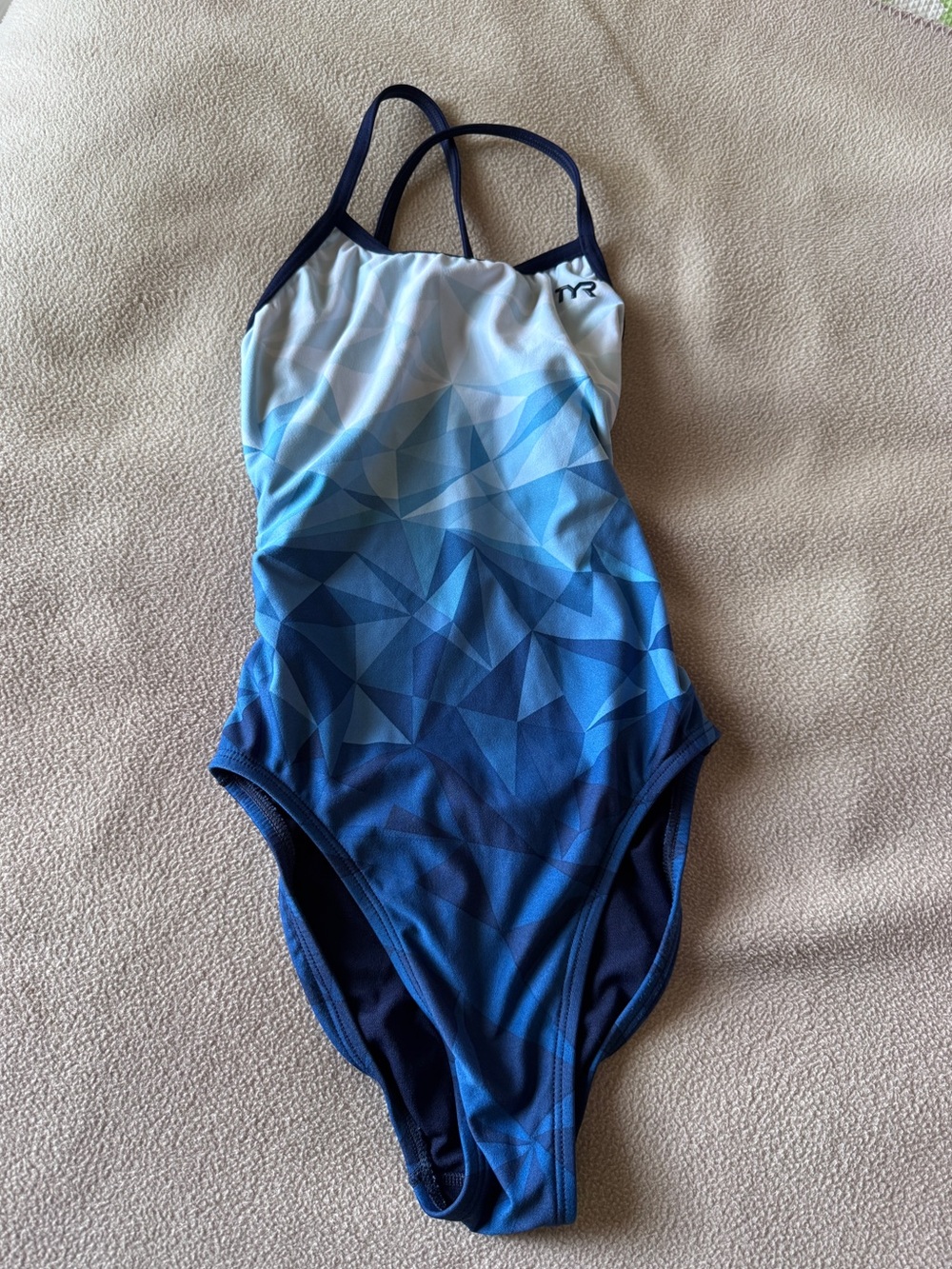TYR Women’s Durafast Elite Trinityfit Swimsuit Sz 26 Blue Prism Geometric